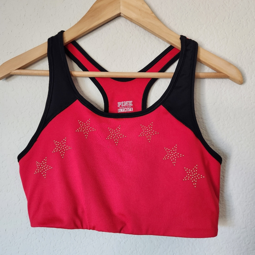 Victoria's Secret PINK Ultimate Sports Bra Red/Black Gold Stars Embellish Size L